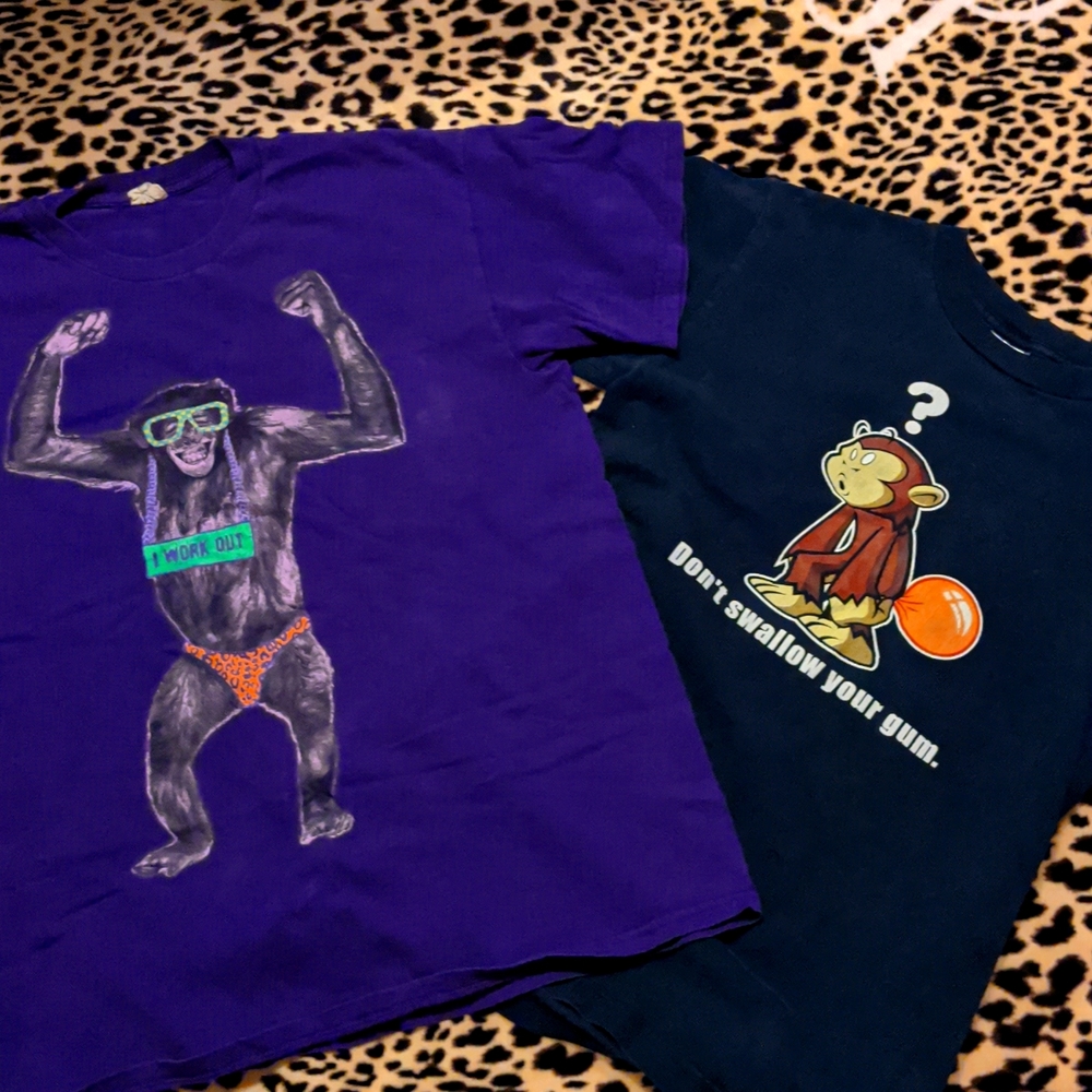 Monkey t-shirts, lot of 2, silly, funny, joke, ape, Spencers gifts, dad joke